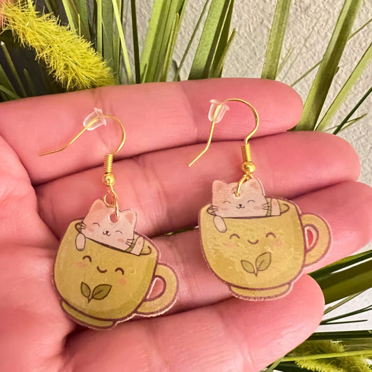 Dangle Earrings - Green Tea Kitty