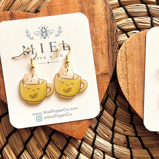 Dangle Earrings - Green Tea Kitty